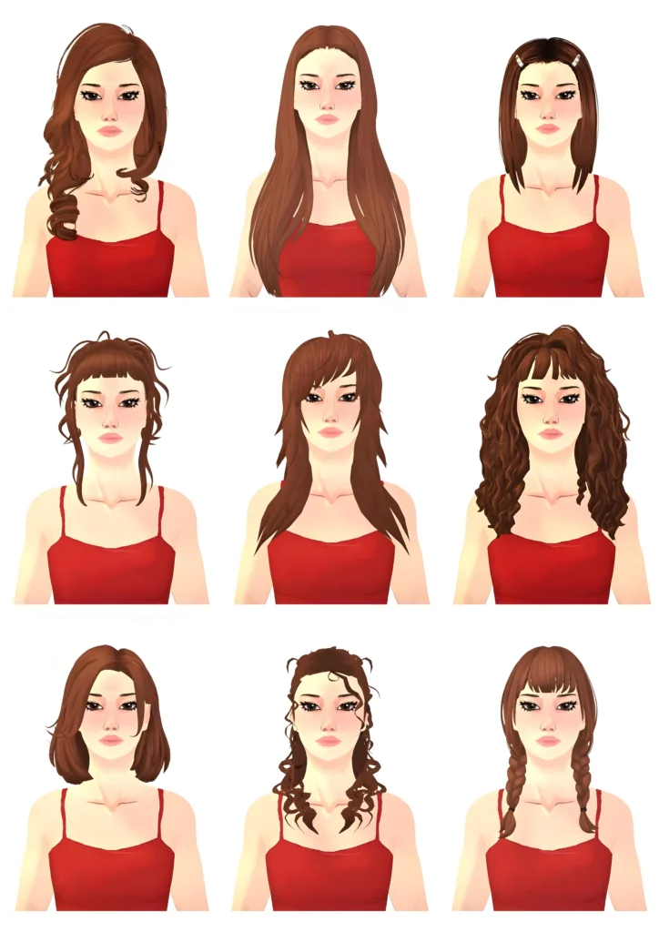 Grid of nine Paralives custom content hairstyle previews on one character, showing curly, straight, and braided styles