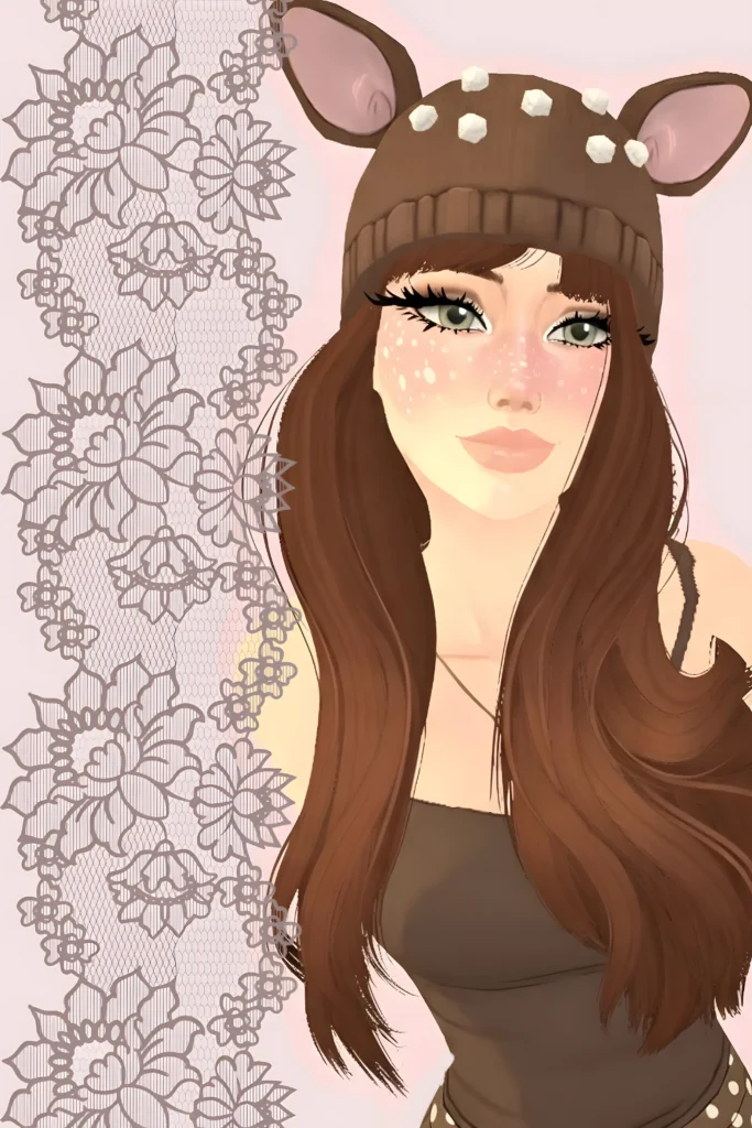 Illustrated Paralives character portrait wearing a knit deer-ear hat, styled for the Para Scrapbook page