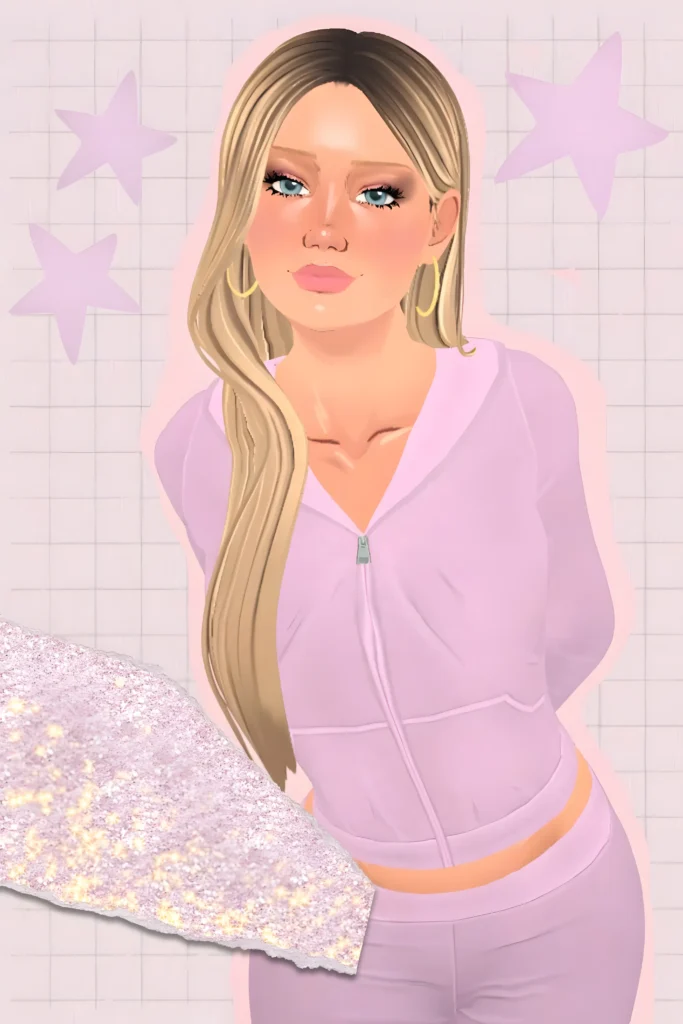 Paralives Para with long blonde hair and gold hoop earrings wearing a lavender velour tracksuit, showcasing custom content from the Pretty in Pink scrapbook entry