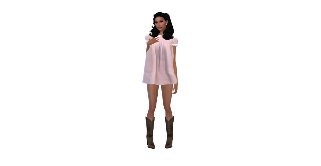 A female Sims 4 character modeling Alpha CC and Maxis, featuring a soft pink frilly babydoll dress, detailed brown cowboy boots, and voluminous black hair, available in the CAS mod category on Pixels Diary.