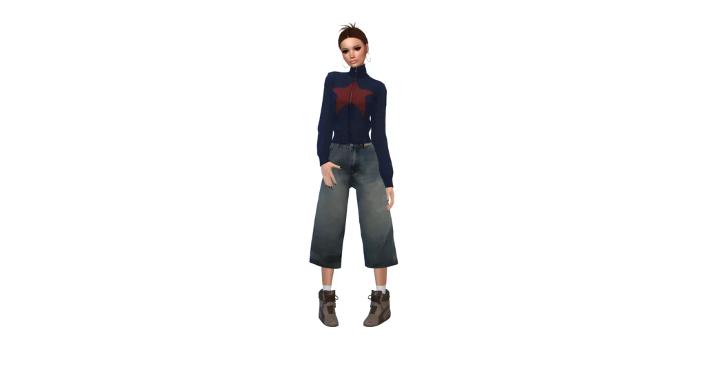 Sims 4 CAS outfit with navy star zip-up sweater, wide-leg cropped jeans, and grey high-top sneakers
